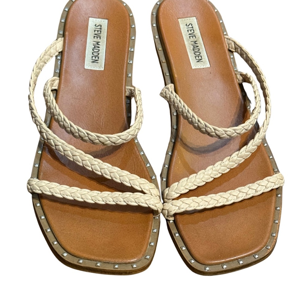 Steve Madden Starie Sandals Womens 8.5 Beige Braided Leather Flats